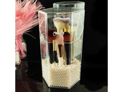 2026-porta Pinceles De Maquillaje Hexagonal De Acrílico Con Tapa, Estante De Almacenamiento Transparent Y Anti-polvo Con Perlas Beige