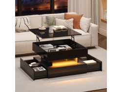 Mesa De Centro 65x65x38.5 Cm - Mesa De Salón Elevable, Mesa Auxiliar, Mesa De Café Con Led, 2 Cajones, Diseño Geométrico - Negro