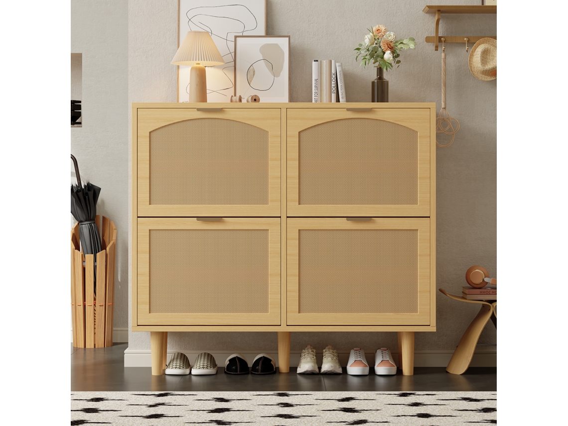 Zapatero de madera y ratán con 4 puertas batientes, estilo natural