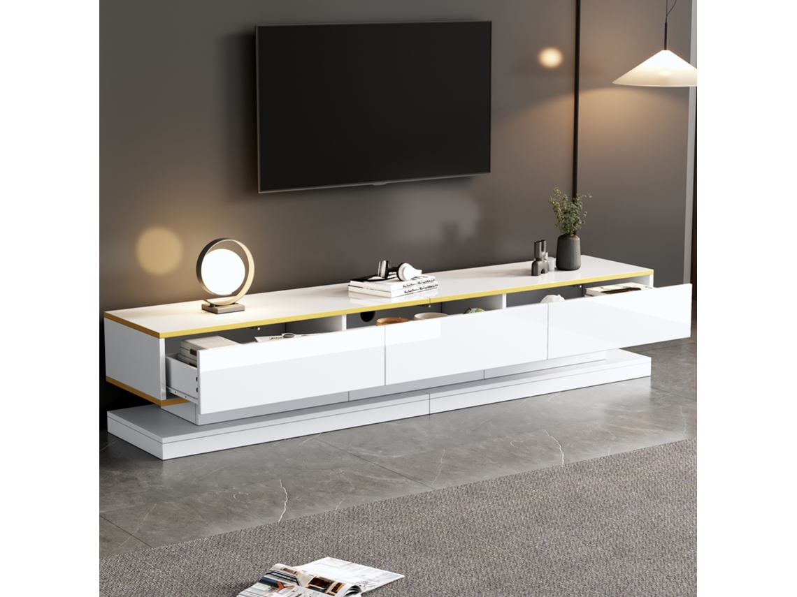 Mueble Para Tv Con Borde Dorado, 200x40x40 Cm, 3 Cajones, Amplio Almacenamiento, Soporta Tv De 80 Pulgadas, Blanco Cálido Brillante