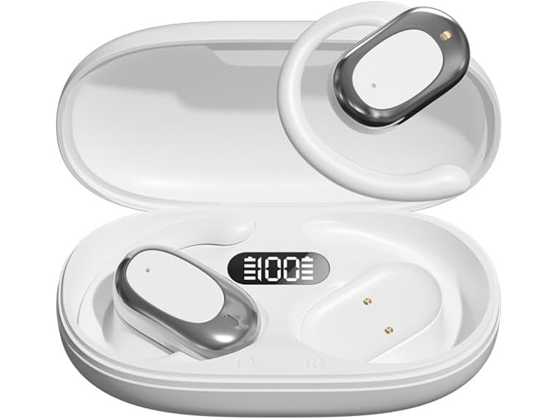 Auriculares Bluetooth con gancho para la oreja, Bluetooth 5.3, resistentes al agua IPX7, estuche de carga inalámbrica, sonido estéreo con bajos potentes, color blanco