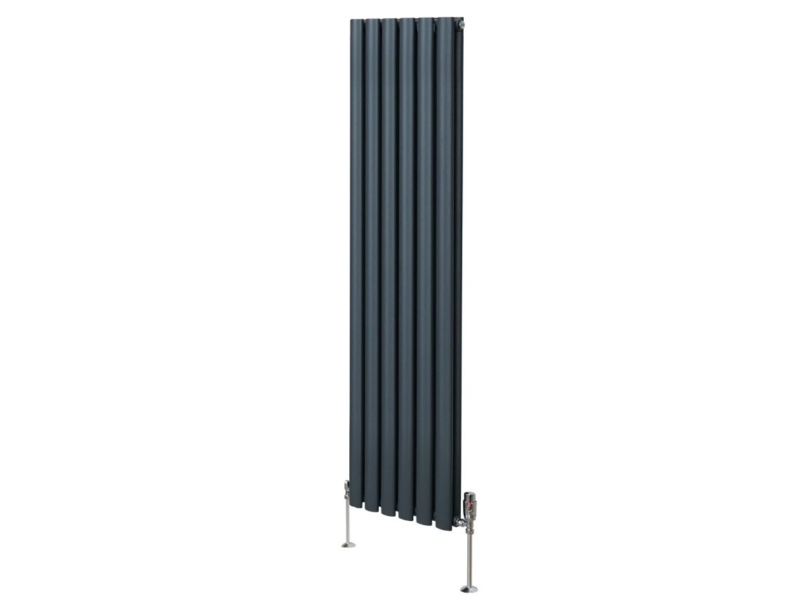 Radiador de columna ovalado antracita de 1600x360 mm en acero al carbono con válvulas termostáticas cromadas, alta potencia.