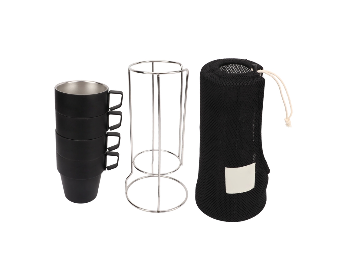 Juego de 4 vasos apilables de acero inoxidable para camping, color negro.