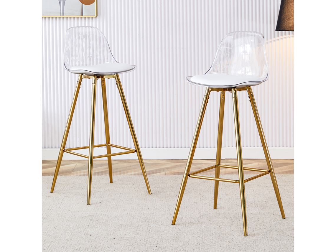Juego de 2 taburetes altos con respaldo transparente, estructura dorada – Ideal para cafeterías, salones y mostradores.