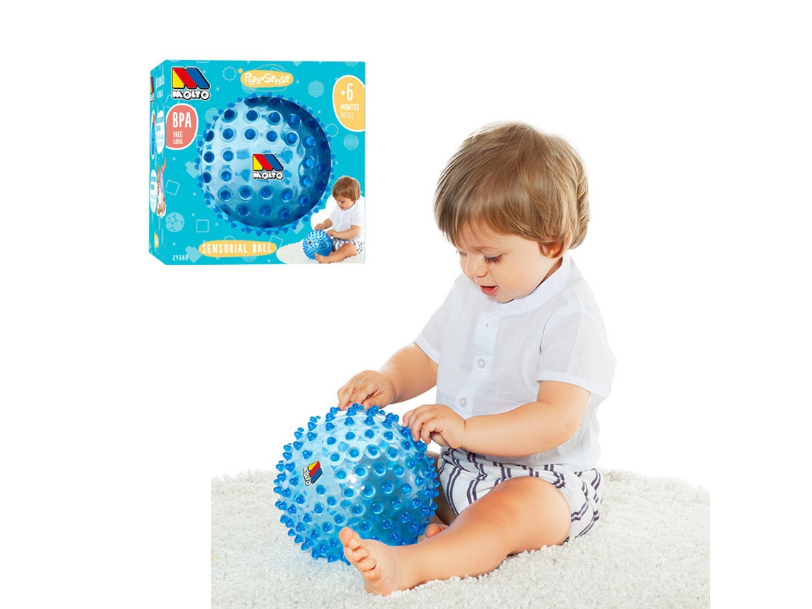 Pelota sensorial azul de 20 cm de diámetro.