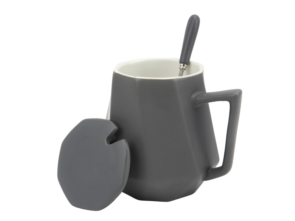 Taza De Cerámica Geométrica Sencilla E Innovadora Con Tapa Y Cuchara Para Café Y Té, 450 Ml, Gris.