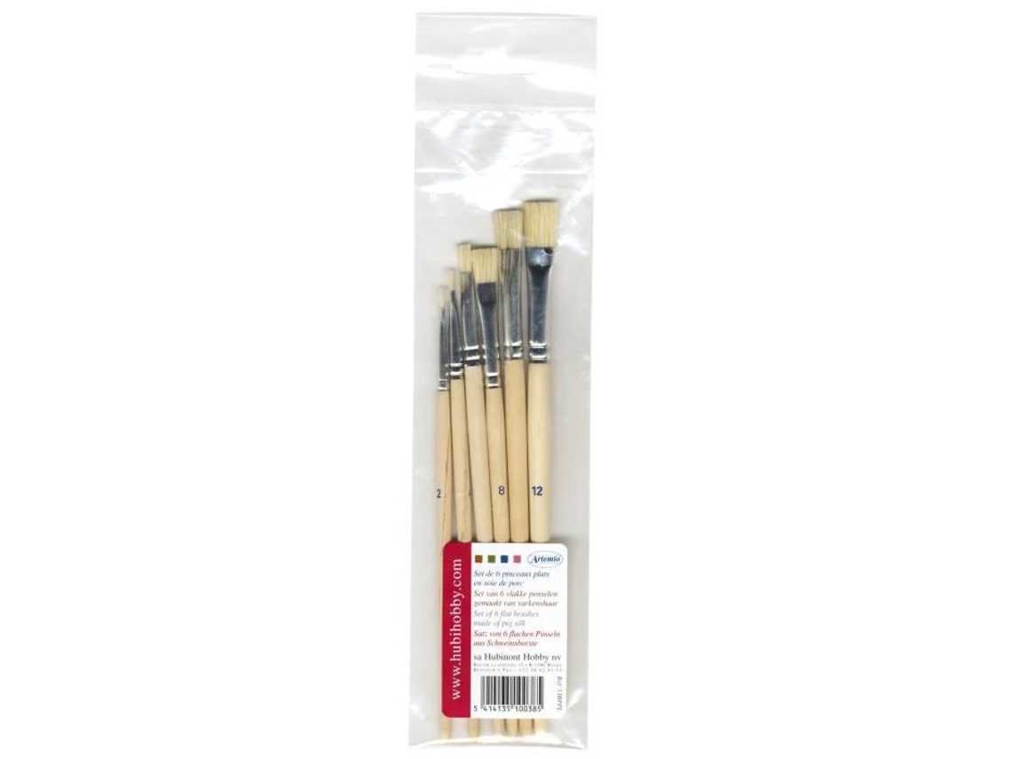 Set de 6 Pinceles Planos de Cerda Natural - ARTEMIO - números 1, 2, 4, 6, 8 y 12 - Adulto - Mixtos