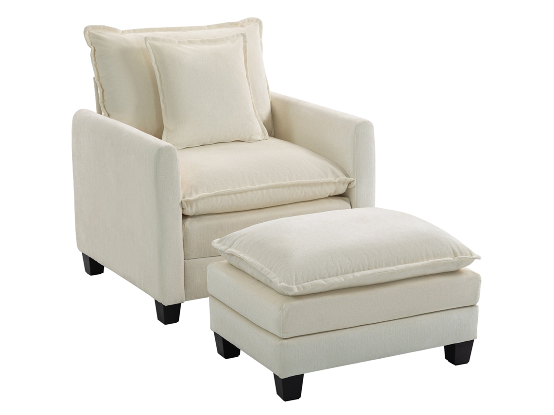 Sillón Con Reposapiés, Sofá Individual De Chenilla, Asiento Ancho, Acolchado De Doble Capa, 85x128x86cm, Color Crema.