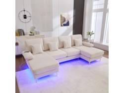 Sofá En U Moderno En Terciopelo, Iluminación Led, Puerto Usb, Estructura De Madera Maciza, 4 Cojines, Respaldo Ergonómico, Color Beige