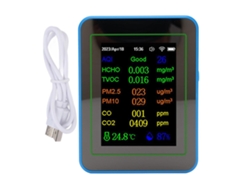 Medidor De Calidad Del Aire 12 En 1 Con Wifi, Co2, Tvoc, Hcho, Temperatura, Humedad, Batería Y Pantalla Horaria Blanca Y Azul.