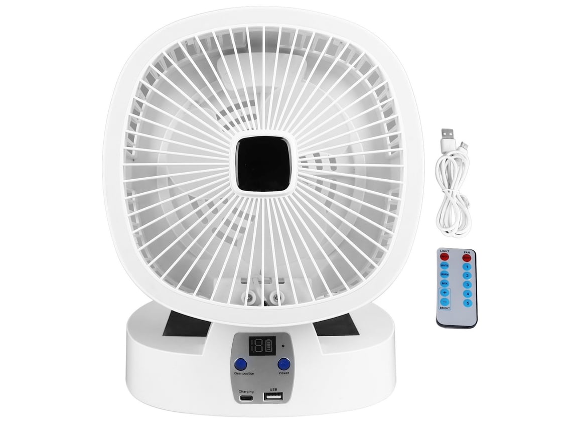 Ventilador solar recargable para camping con luz LED y 5 velocidades.