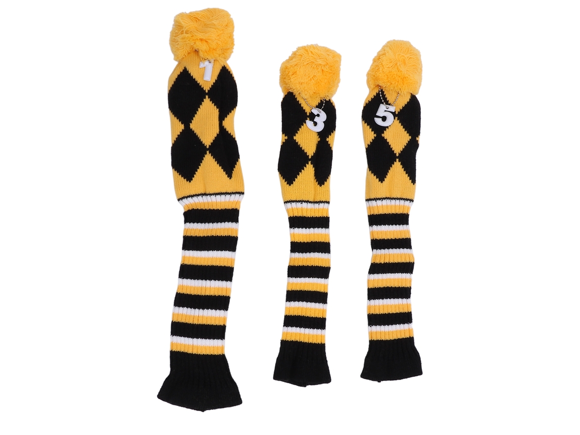 Ycnm-juego De 3 Fundas De Punto Para Palos De Golf, Con Patrón Fino, Protectoras Y Pompón Para Viajes, Color Amarillo Y Negro.