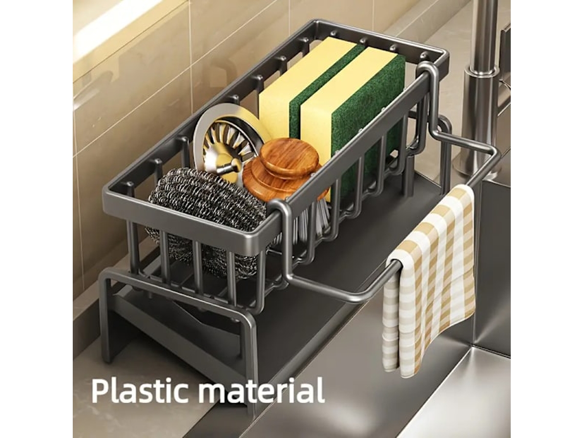 Soporte de plástico para paños de cocina y esponjas (1 unidad), organizador multifuncional de PP con bandeja antigoteo, ideal para organizar la vajilla.