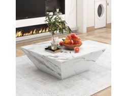 Mesa de centro moderna de 70 x 70 x 37 cm con superficie de mármol blanco y diseño trapezoidal blanco.