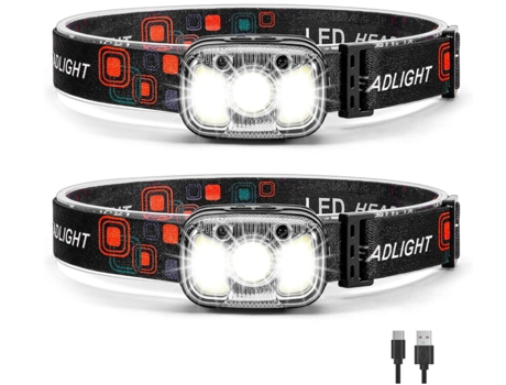 Linterna frontal recargable, LED ultrabrillante de 1200 lúmenes con luz blanca y roja, paquete de 2 sensores de movimiento impermeables (negro) CHR...