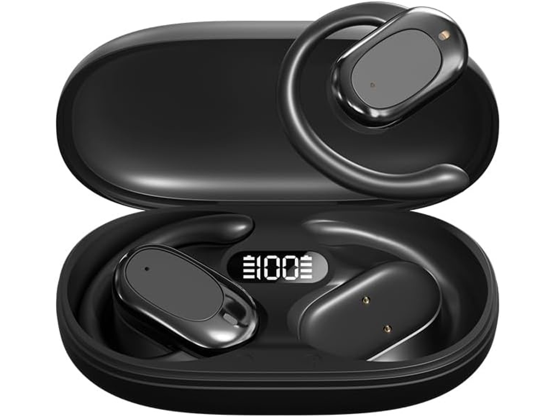 Auriculares Bluetooth con gancho para la oreja, Bluetooth 5.3, resistentes al agua IPX7, estuche de carga inalámbrica, sonido estéreo con bajos potentes, color negro