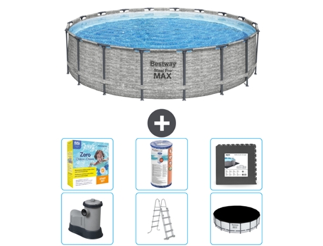 Piscina BESTWAY Round Steel Pro MAX - Estampado Piedra - 549 x 122 - Incluye Bomba - Escalera - Cobertor Paquete de mantenimiento - Filtrar - Baldosas