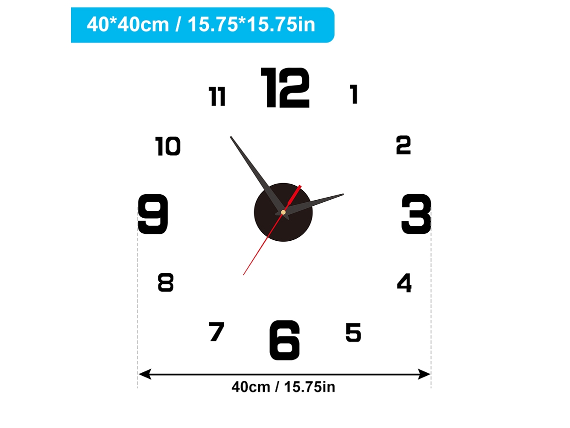 Reloj de pared silencioso 3D Baok, luminoso, para armar uno mismo, sin perforaciones, sin marco, acrílico, 40 cm, negro, para sala de estar, oficina, dormitorio, decoración moderna.