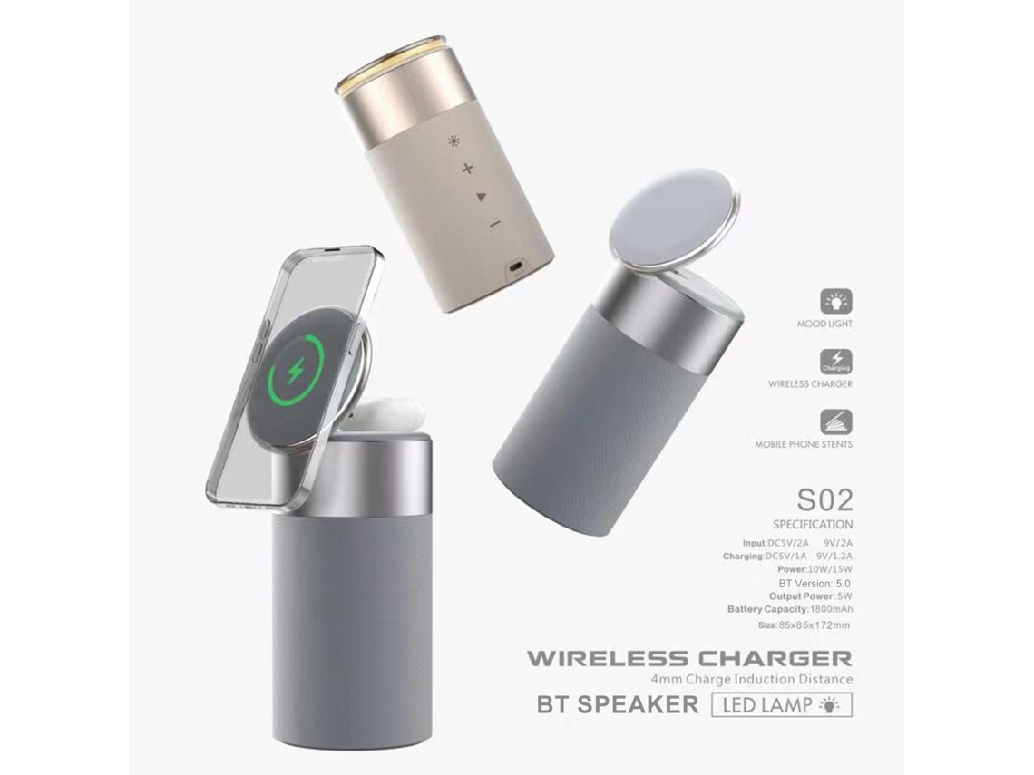 Altavoz Bluetooth Con Carga Inalámbrica, Luz Nocturna Y Soporte Portátil Para Teléfono.