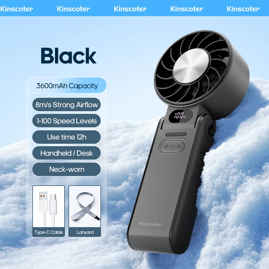 Ventilador Portátil De Mano De Alta Velocidad (negro), Batería Recargable De 3600 Mah, Mini Y Plegable.
