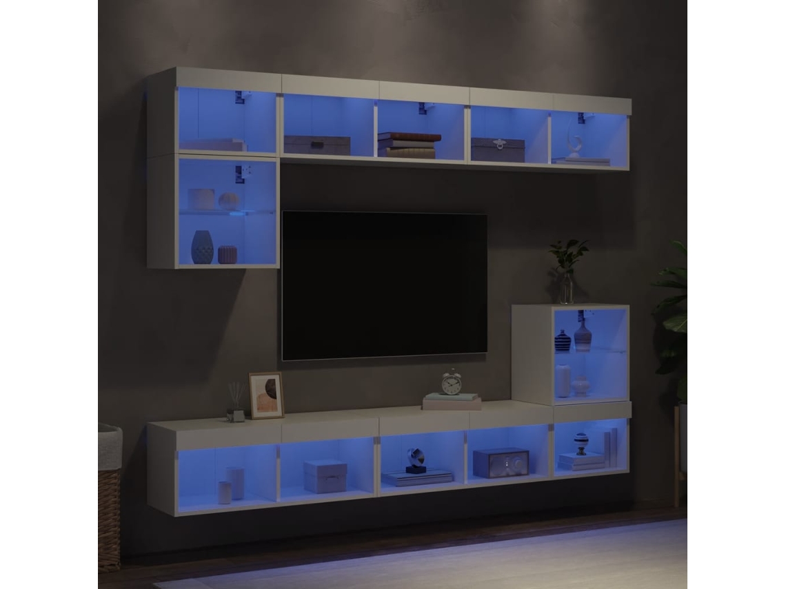 8 soportes de TV de pared | Mueble para TV | Mueble para TV con LED, derivados de madera, blanco