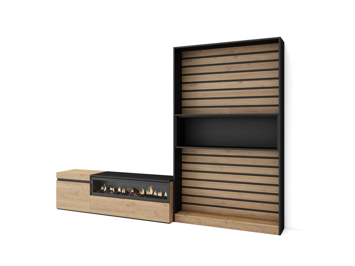 Muebles de Salón para TV 260x186x35cm Para TV hasta 65 Chimenea eléctrica Roble y negro