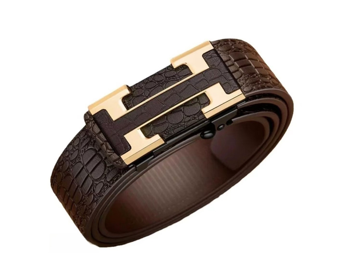 Cinturón Masculino Cuero Auténtico Hebilla Automática 125cm, Estilo Business Casual, Regalo Elegante Trabajo O Eventos Sociales