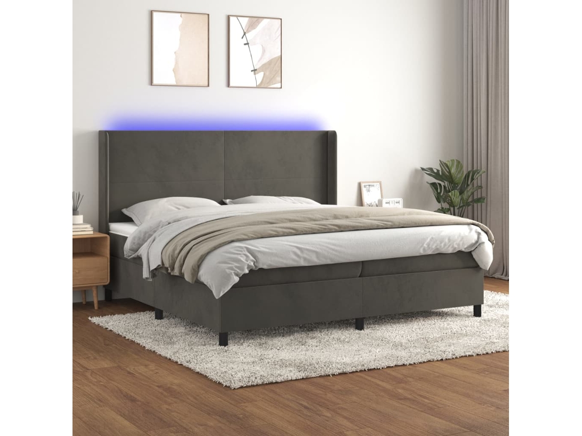 Cama Box Spring Colchón Y Led Terciopelo Gris Oscuro 200x200 Cm