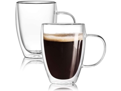Paquete de 2 tazas de espresso de 355 ml con collarín, doble aislamiento térmico, vidrio de borosilicato, resistentes al calor.