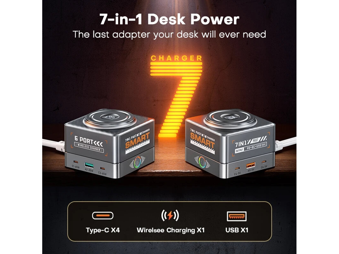 Gan Tech Wlx-r8c - Estación De Carga Usb 7 En 1 Para Escritorio, 6 Puertos Usb Pd De 65 W Con Almohadilla De Carga Inalámbrica De 15 W