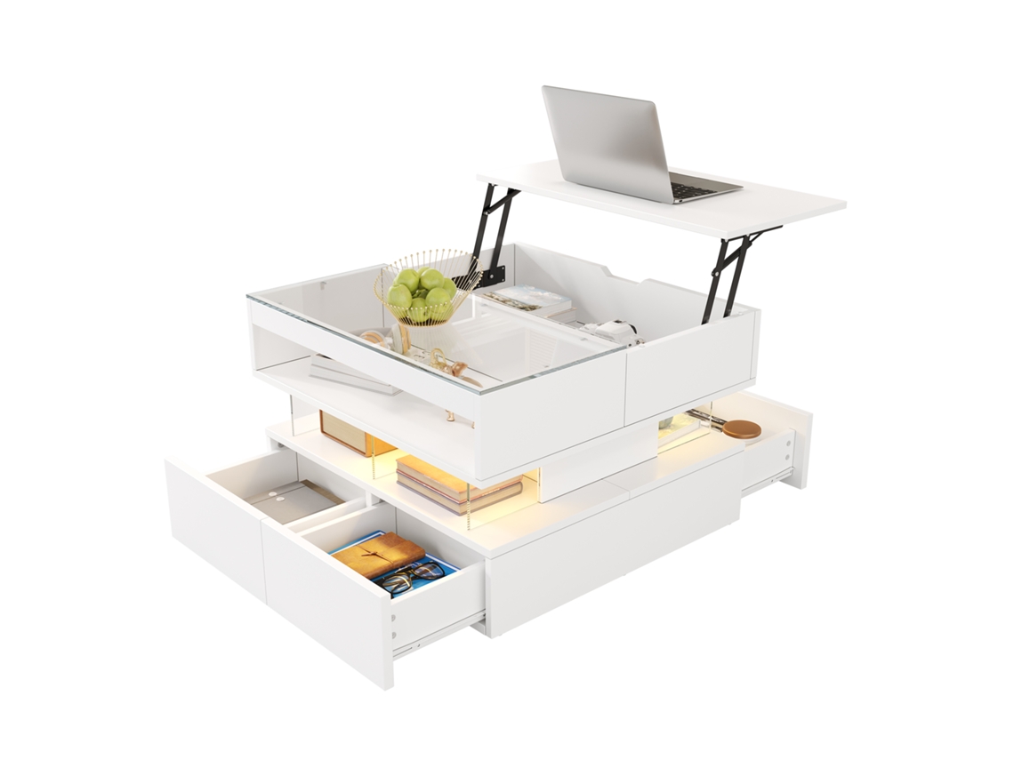 Mesa de centro elevable MOBRIO con 16 colores, tablero de cristal y soportes de acrílico blanco