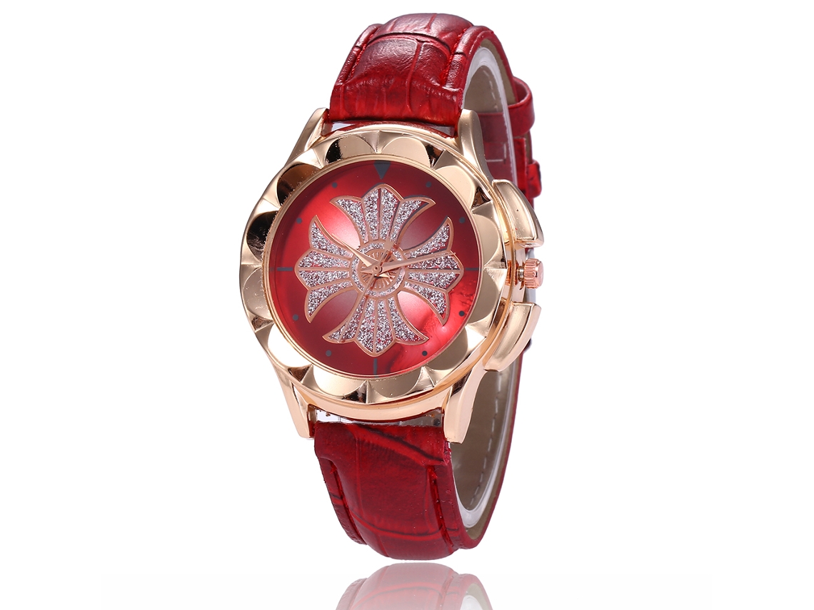 Reloj De Cuarzo Para Mujer Con Correa De Cuero Pu Y Patrón De Flores Con Piedras (rojo)