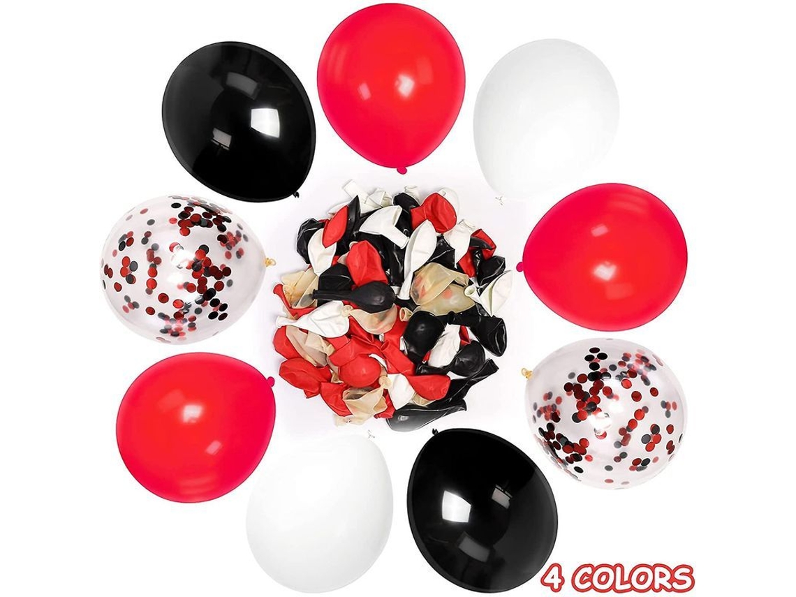 Kit De 62 Globos Con Confeti Negro Y Rojo, 30 Cm (12 Pulgadas) Con Cinta Para Globos.
