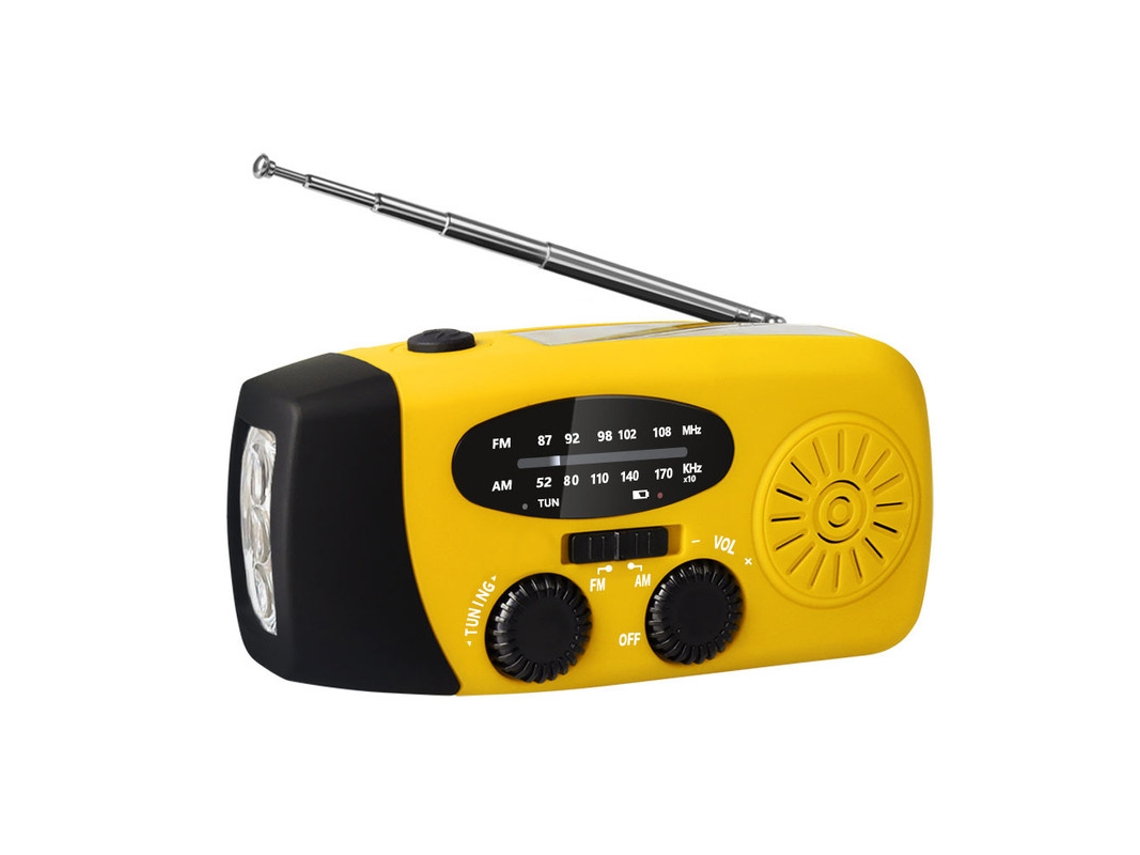 Radio solar portátil de emergencia de 2000 mAh, resistente al agua, con cargador de batería y luz intermitente amarilla superbrillante.