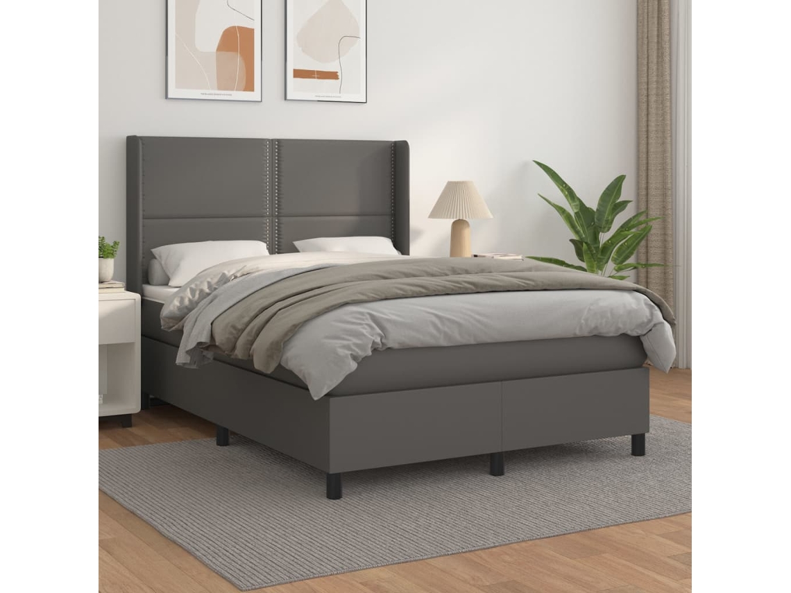 Cama Box Spring Con Colchón Cuero Sintético Gris 140x200 Cm