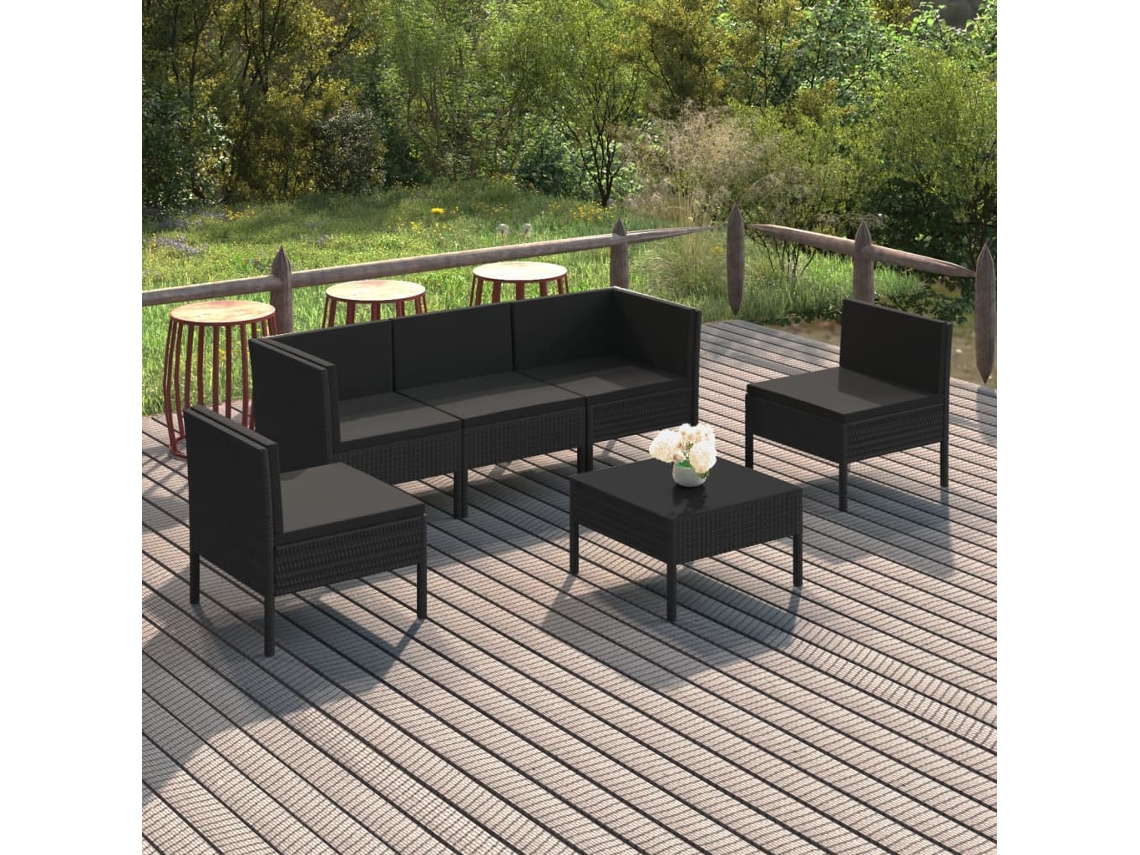 Conjunto de jardín de 6 piezas con cojines, mimbre sintético negro, DKD Home Decor