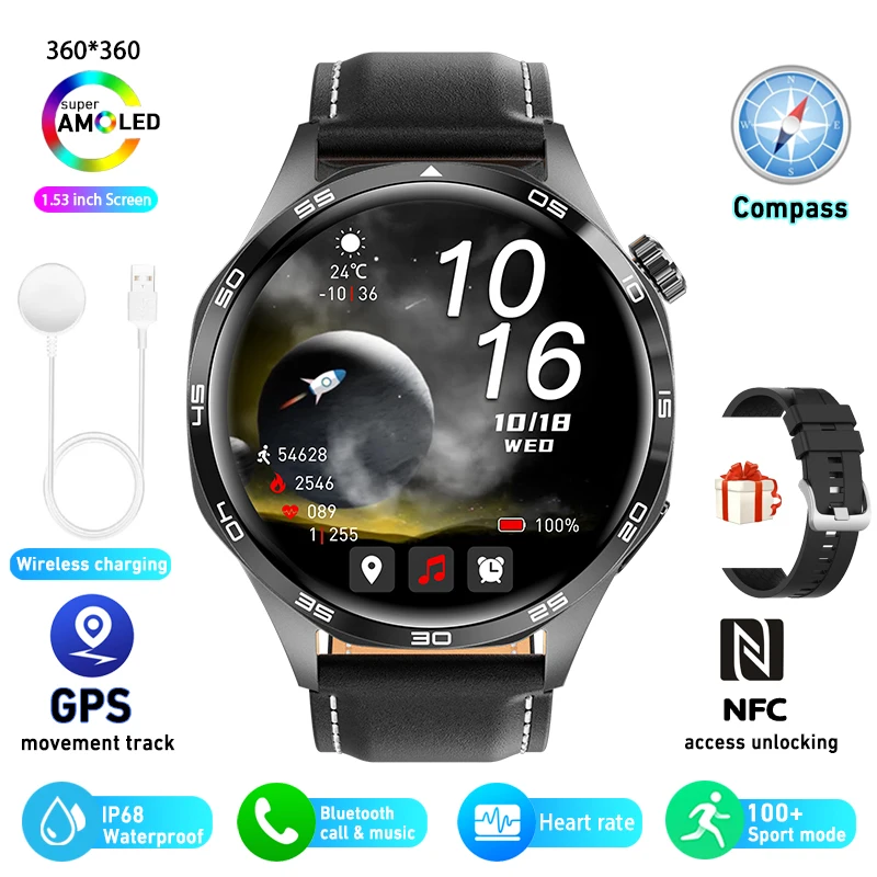 Reloj Inteligente Watch5 Pro (correa De Cuero Negro), Pantalla Hd, Llamadas Bluetooth, Nfc, Gps.