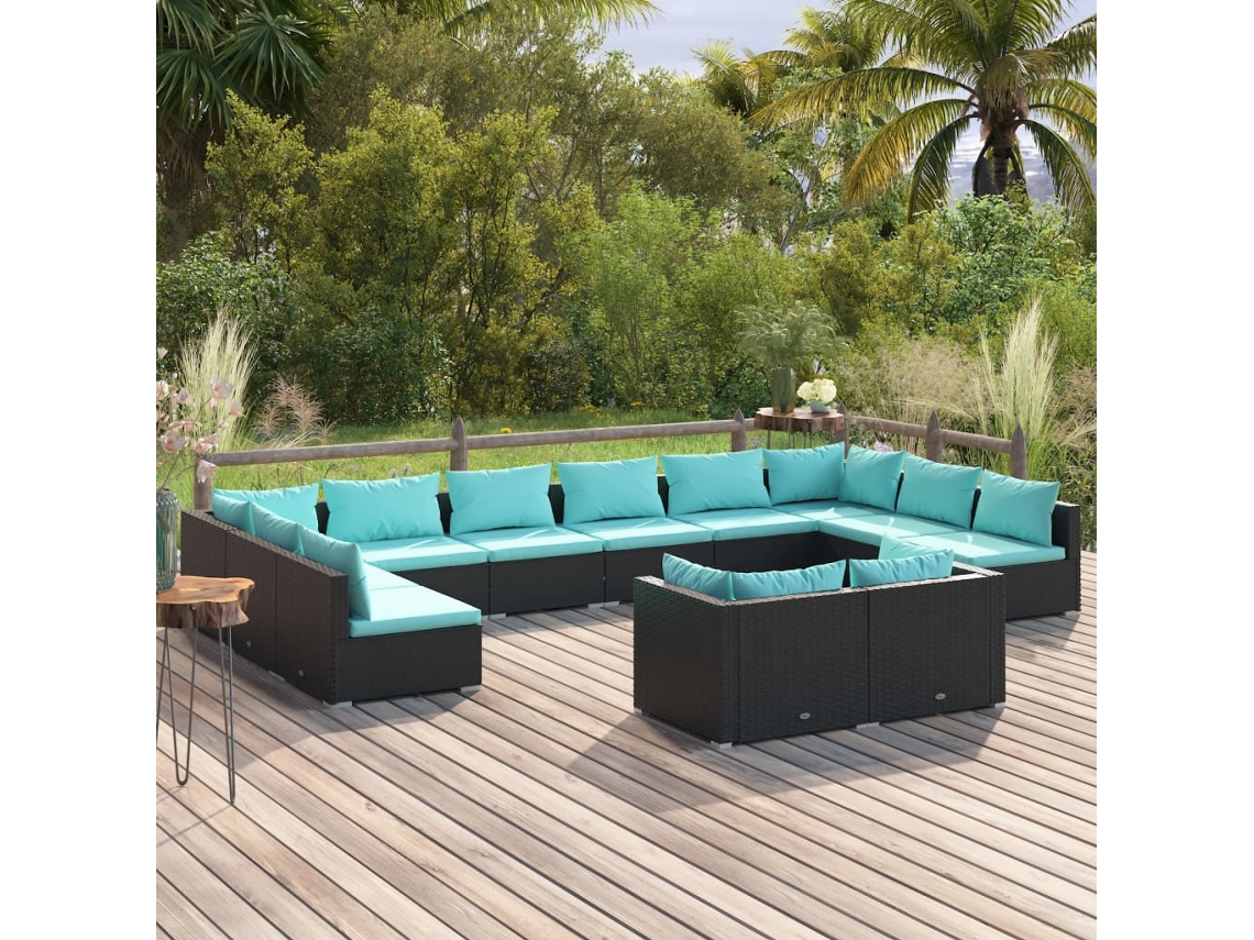 Conjunto de jardín de 12 piezas con cojines en mimbre sintético negro de DKD Home Decor