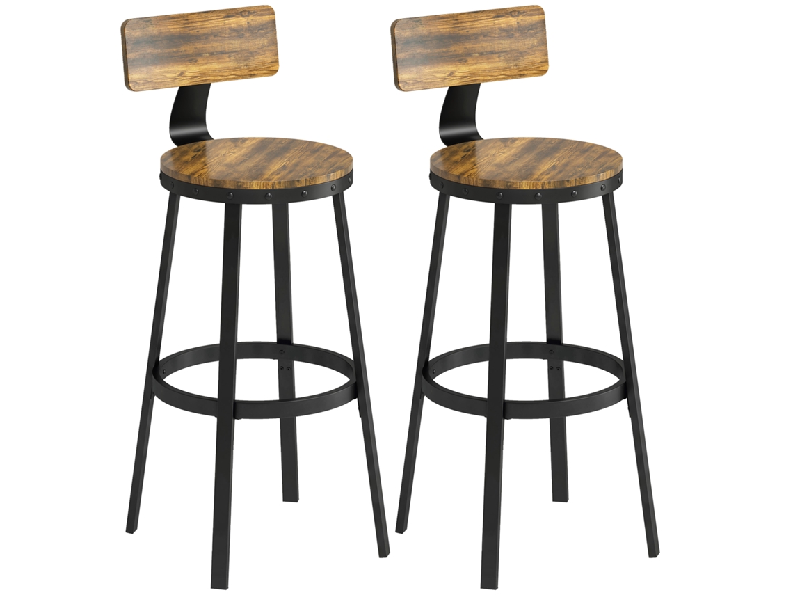 Juego De 2 Taburetes De Bar Rústicos Con Reposapiés De Madera Y Metal, 96 Cm, Color Marrón.
