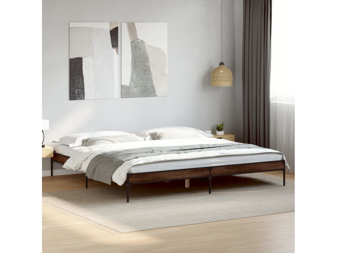 Estructura Cama Madera Ingeniería Metal Marrón Roble 200x200 Cm