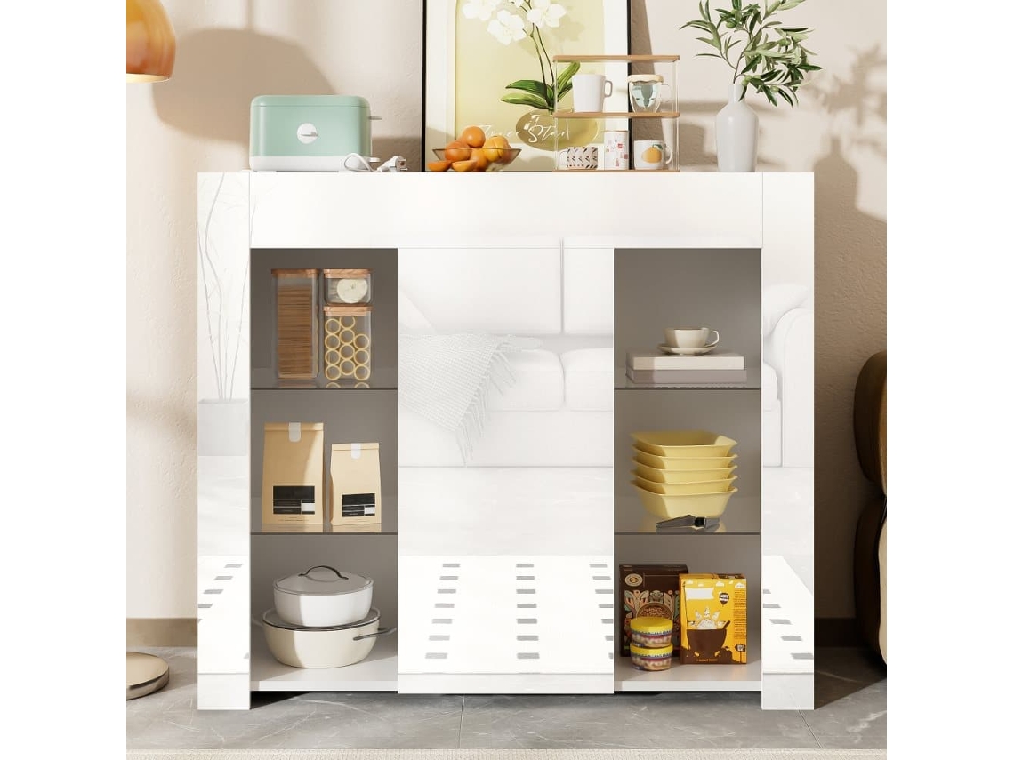 Aparador Moderno Blanco 95x35x83 Cm - Confrontación Brillante, Estantes De Vidrio Y Puerta - Blanco