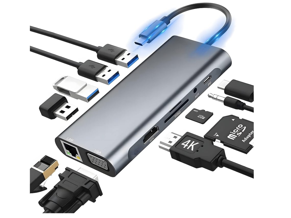 Concentrador USB C, Ethernet, RJ45, VGA, puerto USB, 100 W, PD, auxiliar, lector de tarjetas SD/TF, compatible con MacBook, XPS, Surface y más, portátil tipo C, color gris, Gusshious