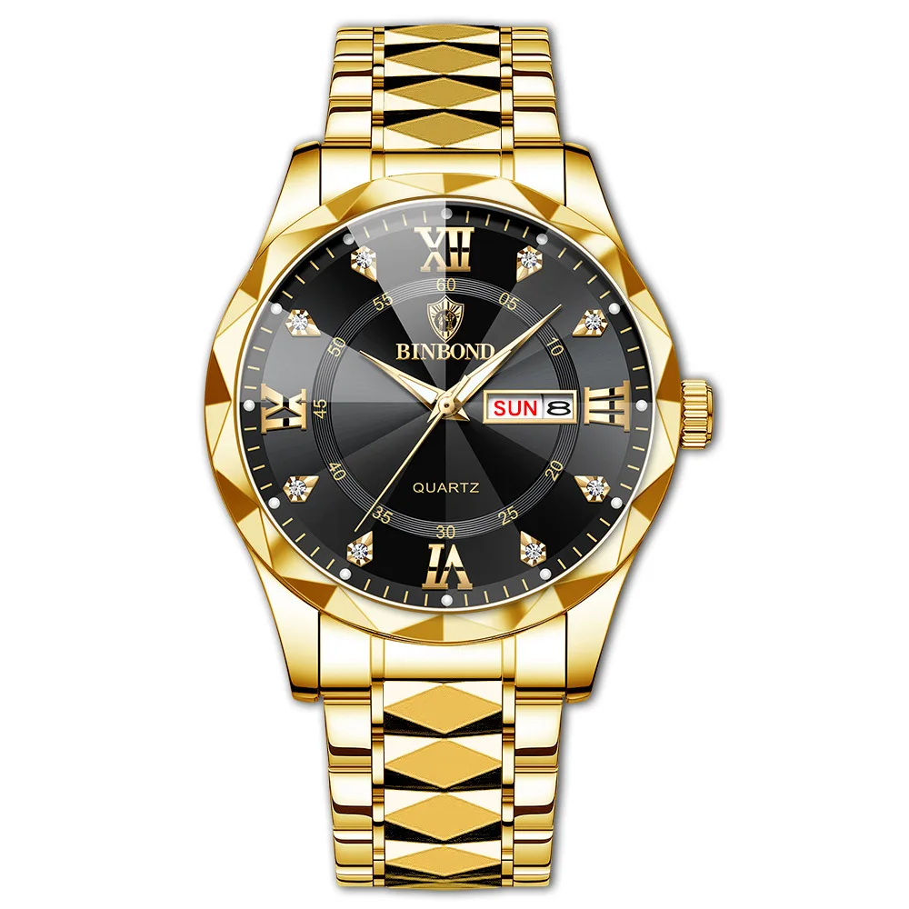 Reloj deportivo impermeable para hombre MDUG con indicador de día y fecha (esfera dorada y negra)