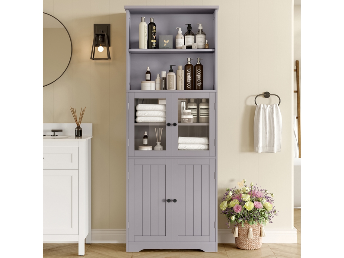 Armario De Baño Alto 57.4x28.5x160 Cm - Con Puertas De Vidrio Y Madera, Estantes Ajustables - Gris