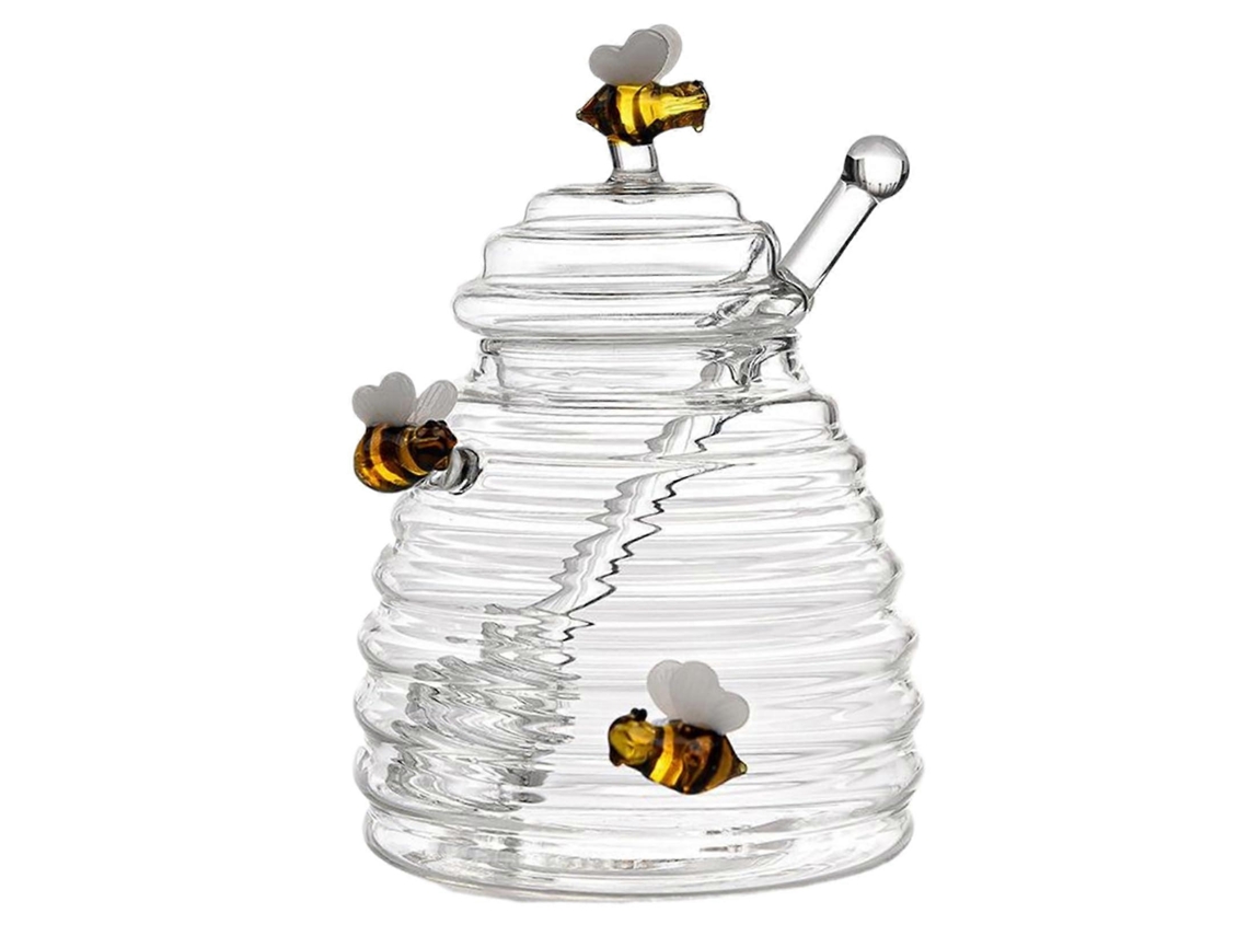 Tarro de miel de cristal con cuchara y tapa, 500 ml, diseño de abeja, ideal para decorar.