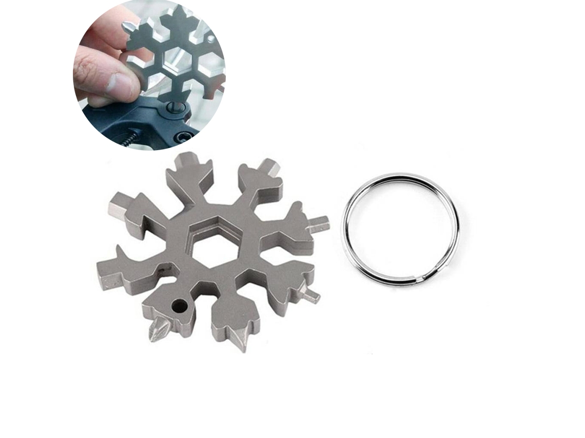 Herramienta multifunción 18 en 1 con forma de copo de nieve, llave hexagonal y llave de anillo de acero inoxidable para uso en exteriores.