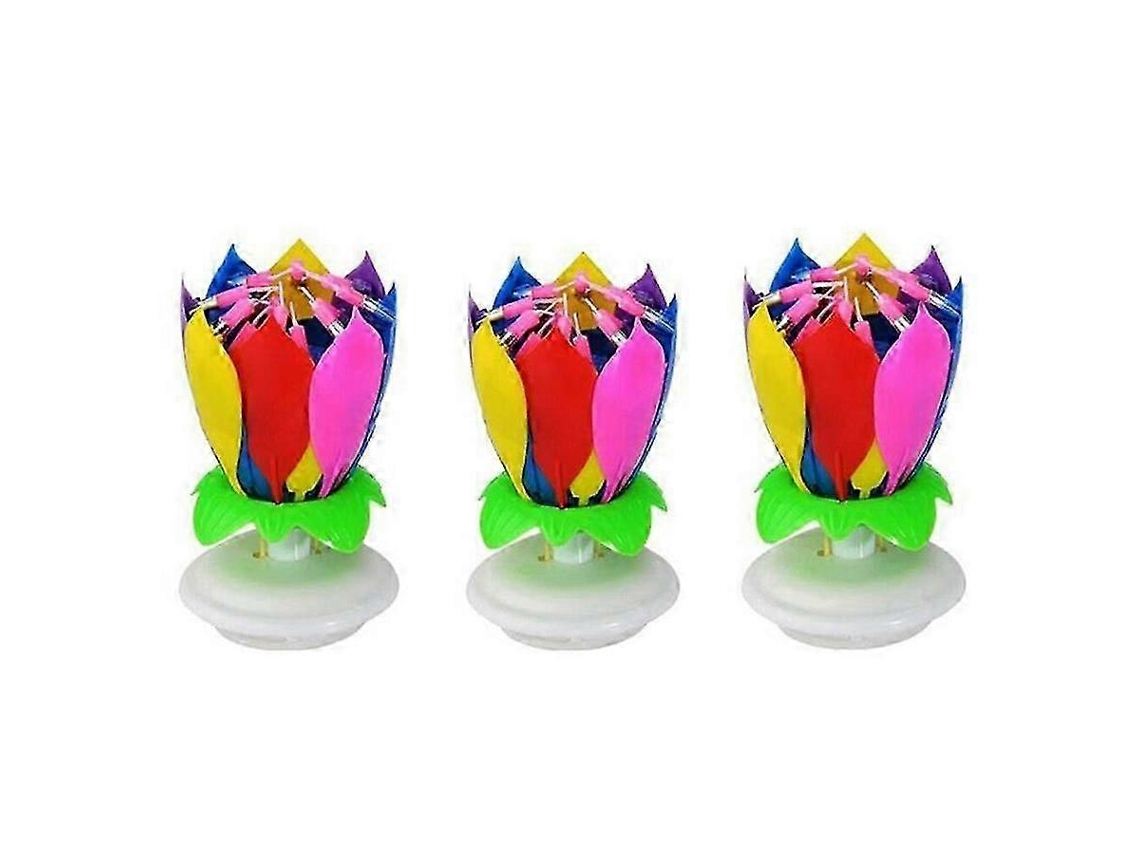 Paquete de 3 velas musicales de cumpleaños multicolores con diseño de loto giratorio