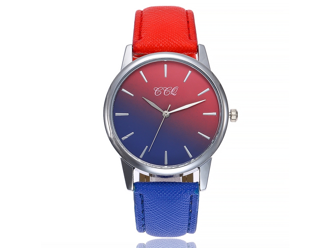 Reloj De Pulsera Unisex De Cuarzo Ccq C230 Con Correa De Pu, Estilo Casual, Rojo Y Azul.