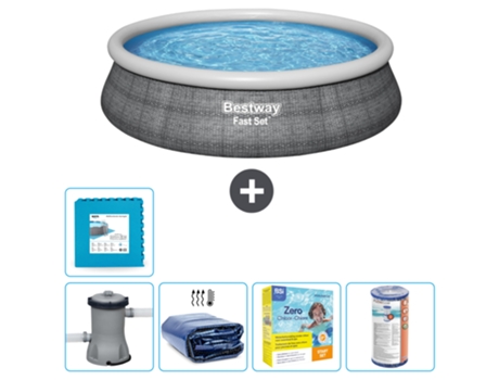Piscina hinchable redonda Fast Set BESTWAY - Estampado ratán - 457 x 84 cm - Bomba incluida Vela solar - Paquete de mantenimiento - Filtrar - Baldo...