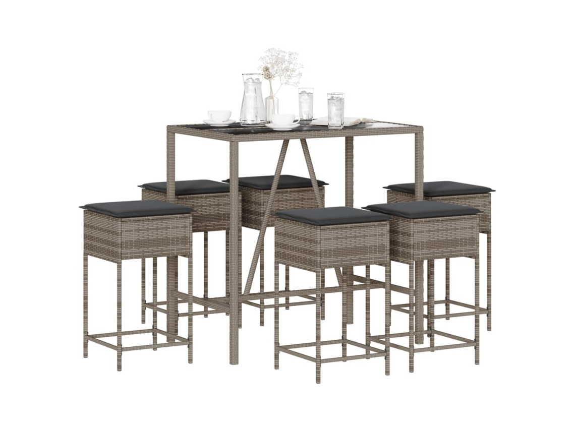 Conjunto de bar de jardín DKD Home Decor de 7 piezas con cojines, ratán gris